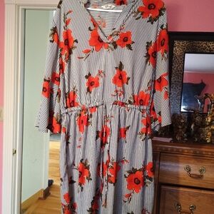 Floral Striped Dress - Red and Black